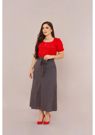 Saia Em Linho Midi Cinza Jens Mulher Morena Outono/Inverno 2025