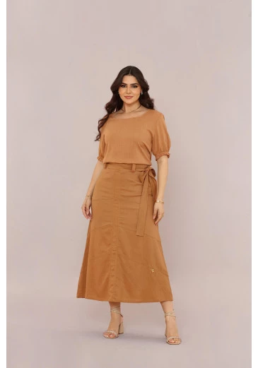 Saia Em Linho Midi Capuccino Mulher Morena Outono/Inverno 2025