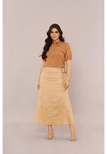 Saia Em Linho Midi Champagne Mulher Morena Outono/Inverno 2025