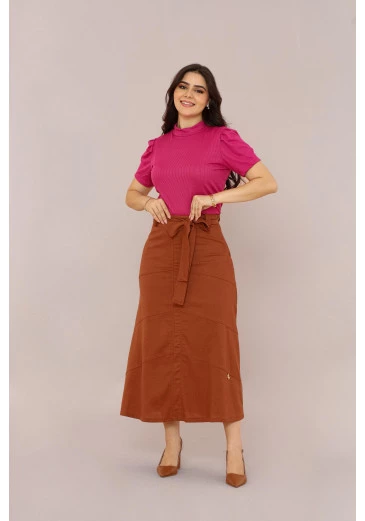 Saia Em Linho Midi Marrom Mulher Morena Outono/Inverno 2025