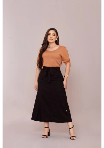 Saia Em Linho Midi Preto Mulher Morena Outono/Inverno 2025