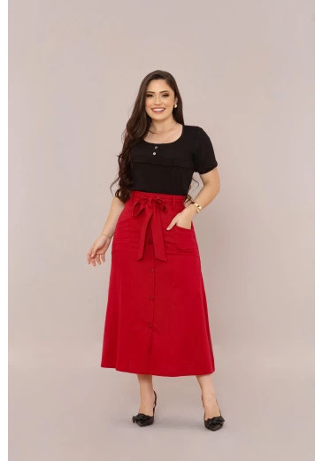 Saia Em Linho Vermelho Mulher Morena Outono/Inverno 2025.