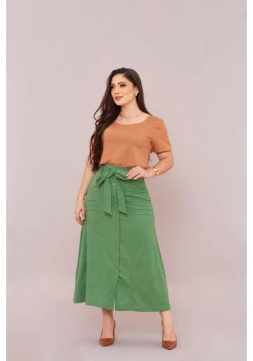 Saia Em Linho Verde Olivia Mulher Morena Outono/Inverno 2025.