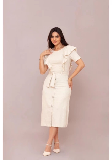 Vestido Em Linho  Midi Off White Mulher Morena Outono/Inverno 2025