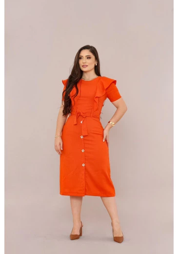 Vestido Em Linho  Midi Laranja  Mulher Morena Outono/Inverno 2025