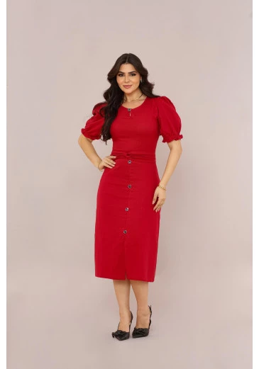 Vestido Em Linho Midi Vermelho Mulher Morena Outono/Inverno 2025