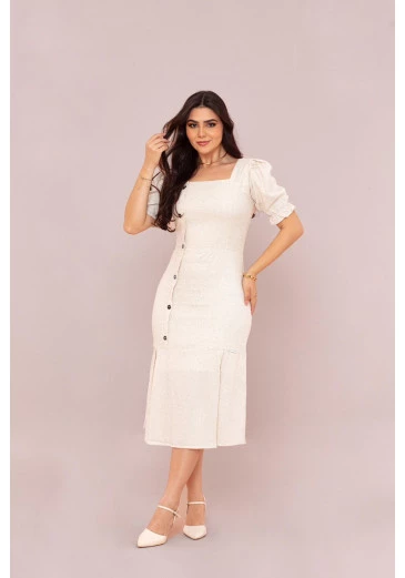 Vestido Em Linho Midi Off White Mulher Morena Outono/Inverno 2025
