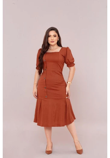 Vestido Em Linho Midi Marrom Mulher Morena Outono/Inverno 2025