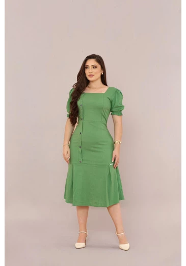 Vestido Em Linho Midi Verde Mulher Morena Outono/Inverno 2025