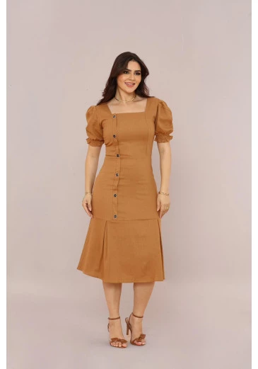 Vestido Em Linho Midi Capuccino Mulher Morena Outono/Inverno 2025