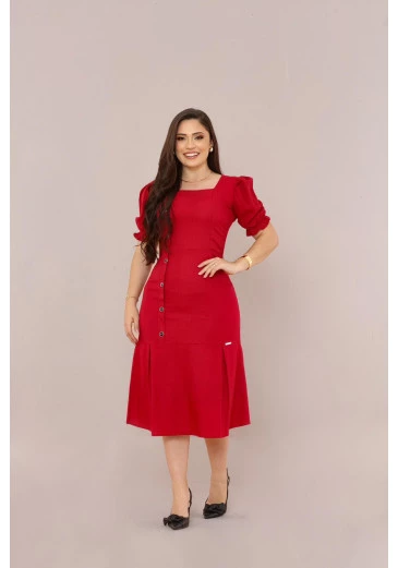 Vestido Em Linho Midi Veremlho Mulher Morena Outono/Inverno 2025