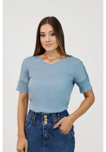 Blusa Monique Em Viscolinho Azul Nítido Outono/Inverno 2025