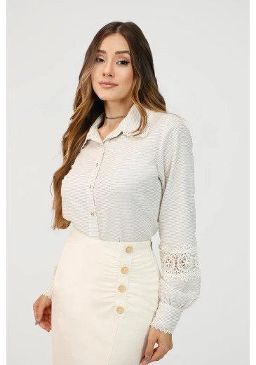 Camisa Delia Em Linho Listrado Off White Nítido Outono/Inverno 2025