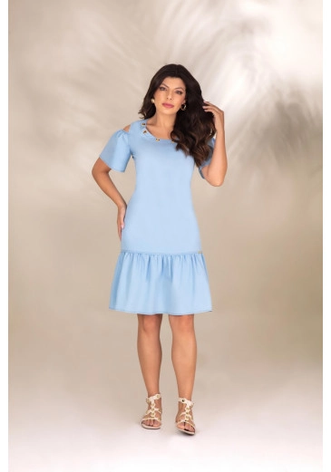 Vestido Curto Jeans Com Ilhós No Decote Arredondado Hadaza Alto Verão 2024