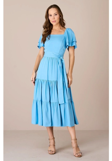 Vestido Michele em Viscose com Faixa Azul Tatá Martello Alto Verão 2025 