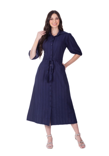 Vestido Pérola Em Tecido Plano Maquinetado Azul Noite Hapuk Primavera/Verão 2026