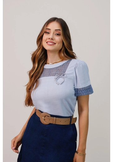 Blusa Eloise Em Viscolinho Azul White Nítido Alto Verão 2025