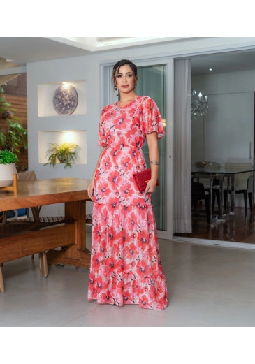 Vestido Em Tule Estampado Vermelho E Branco Luciana Pais Alto Verão 2024