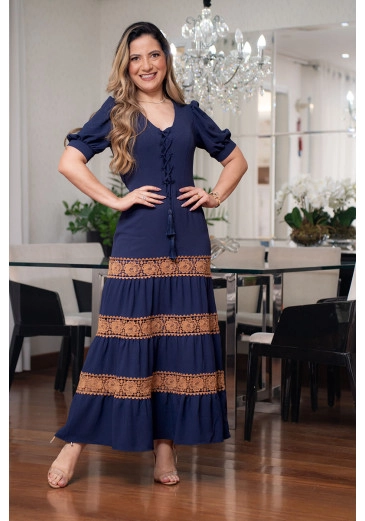 Vestido Longo Em Crepe Air Flow Azul Marinho Kauly Alto Verão 2024