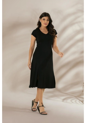 Vestido Midi Preto confeccionado em Malha Lisa Hadaza Primavera/Verão 2024
