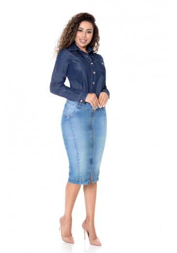 Saia Jeans Zíper Frontal Mulher Morena Outono/Inverno 2022