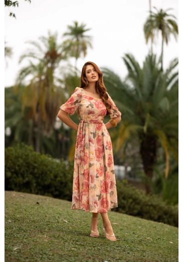 Vestido Marcia Em Chiffon Toque De Seda Estampado Jany Pim Primavera/Verão 2026
