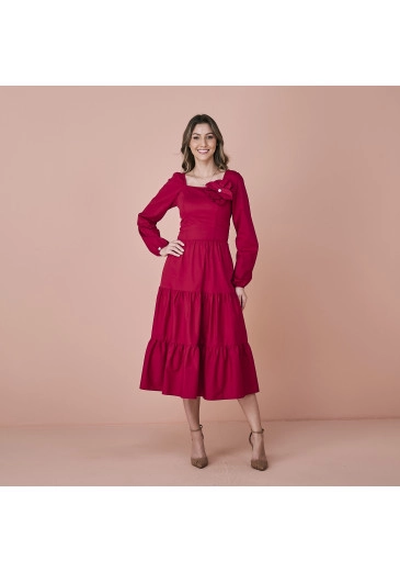 Vestido Amélia em Tricoline Vermelho com Broche Tata Martello Outono/Inverno 2024
