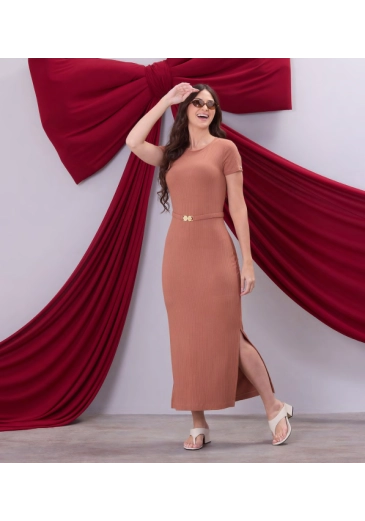 Vestido Raissa Em Malha Canelada Marrom Hapuk Outono/Inverno 2026