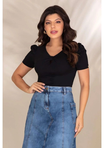  Blusa De Malha Lisa Com Mangas Bufantes E Decote V Preta Hadaza Primavera/Verão 2024 