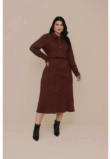 Saia Selen Em Midi Visco Linho Plus Size Marrom Nitido Outono/Inverno 2026