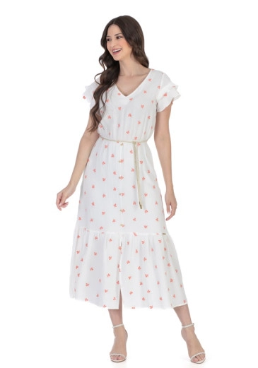 Vestido Jaqueline Em Tecido Plano Estampado Com Cinto Coral Hapuk Alto Verão 2024