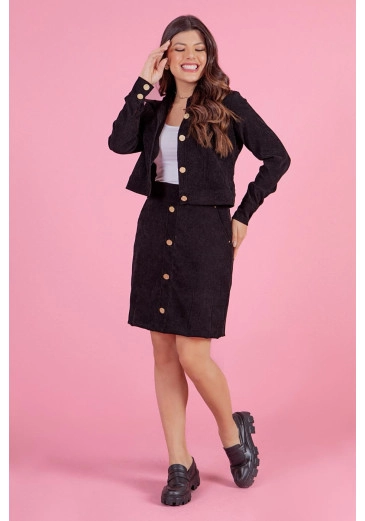 Conjunto De Cotelê Três Peças Com Botões Decorativos Preto Hadaza Outono/Inverno 2023