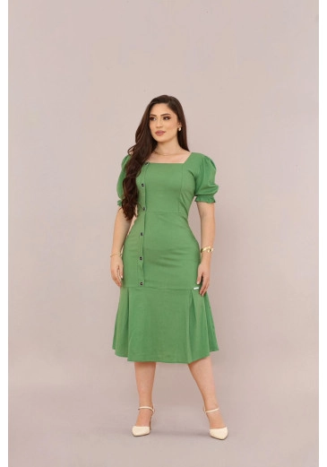 Vestido Em Linho Midi Verde Mulher Morena Outono/Inverno 2025