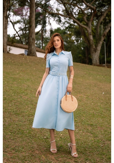 Vestido Marta Em Tricoline Azul Jany Pim Primavera/Verão 2026