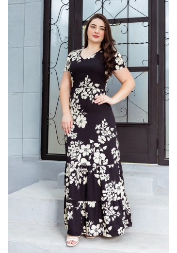 Vestido Valentina Longo Estampado Preto Em Crepe Maria Amore Primavera/Verão 2025