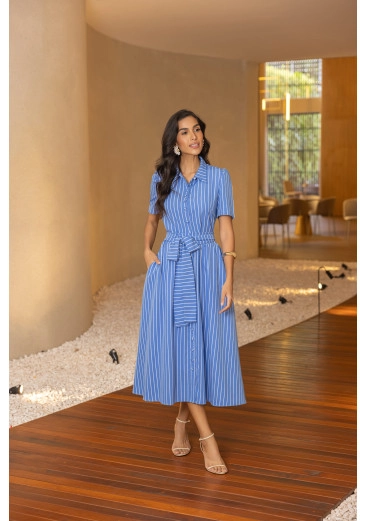 Vestido Helena Em Camisaria Listrado Azul Jany Pim Primavera/Verão 2026