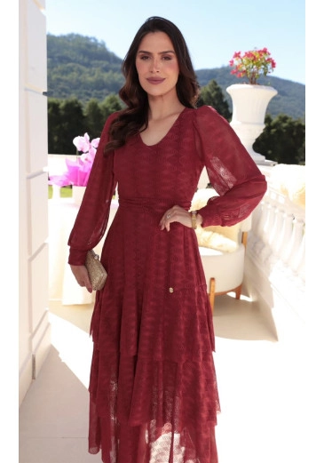 Vestido Leonora Em Tule De Malha Trabalhado Bordô Maria Amore Outono/Inverno 2026