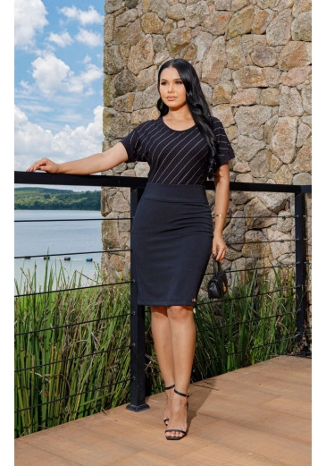 Blusa Leticia Em Malha Canelada Premium Com Detalhes Em Listras Preta Maria Amore Alto Verão 2025 