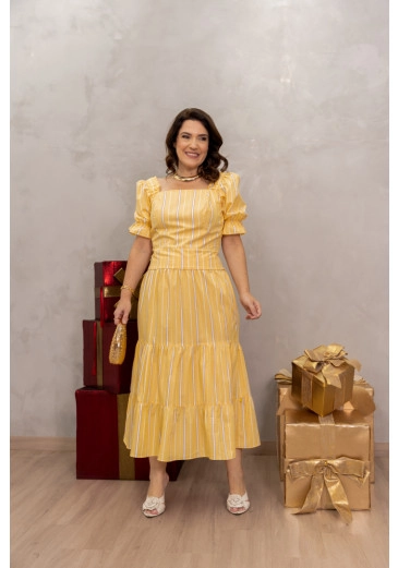 Conjunto Tricoline Listrado Amarelo Luciana Pais Alto Verão 2025