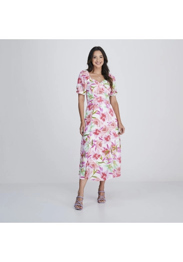 Vestido Karina Em Crepe GGT Estampado Flores Rosa Tata Martello Alto Verão 2024