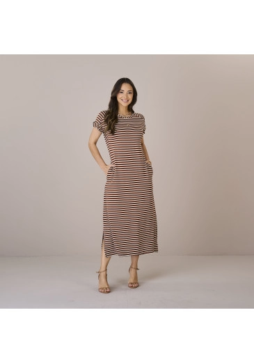 Vestido Leia Com Listras Marrom Em Malha Geo Tripodi Premium Tatá Martello Outono/Inverno 2025
