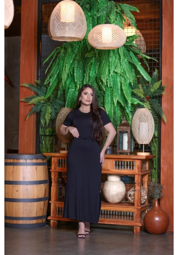 Vestido Em Viscolycra Com Decote Arredondado Com Faixa Saia Assimétrica Preto Mulher Morena Outono/Inverno 2025