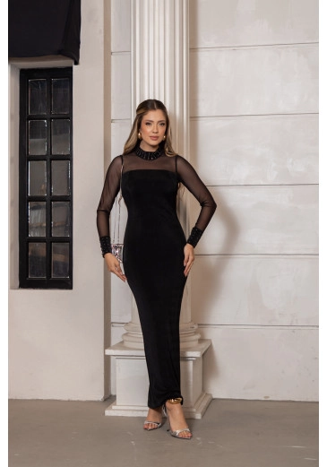 Vestido Longo com Detalhe em Tule com Golas e Punhos Bordados Luciana Pais Outono/Inverno 2024