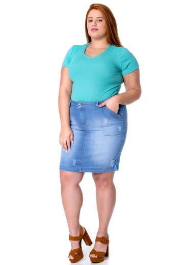 Saia Jeans Com Bolso Lateral Plus Size Mulher Morena Alto Verão 2022