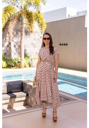 Vestido Bruna Em Toque De Seda Listrado Marrom Jany Pim Primavera/Verão 2026