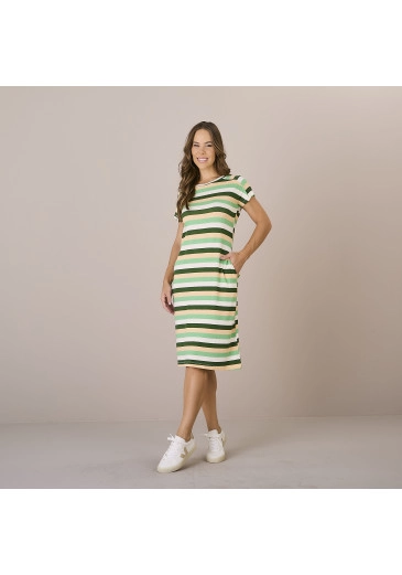 Vestido Neide Em Malha Viscose Estampado Tons De Verde Tatá Martello Alto Verão 2025