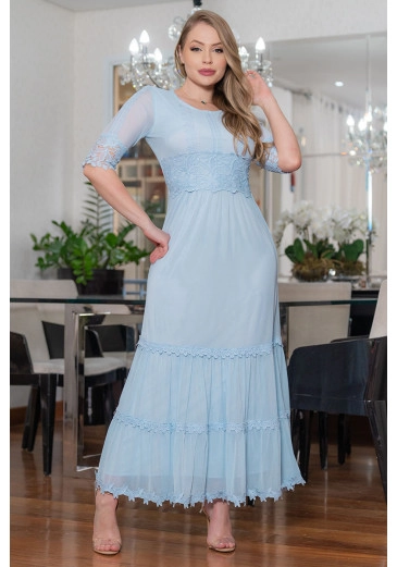Vestido Longo Em Tulê Azul Kauly Alto Verão 2024