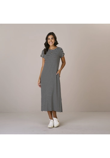 Vestido Leia Com Listras Preto Em Malha Geo Tripodi Premium Tatá Martello Outono/Inverno 2025