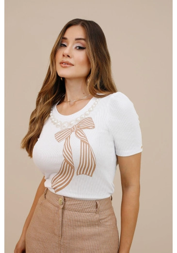 T-shirt Camila Em Malha Canelada Bege Nitido Outono/Inverno 2026