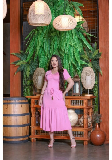 Vestido Em Malha Modal Decote V Evasê Rosa Mulher Morena Outono/Inverno 2025